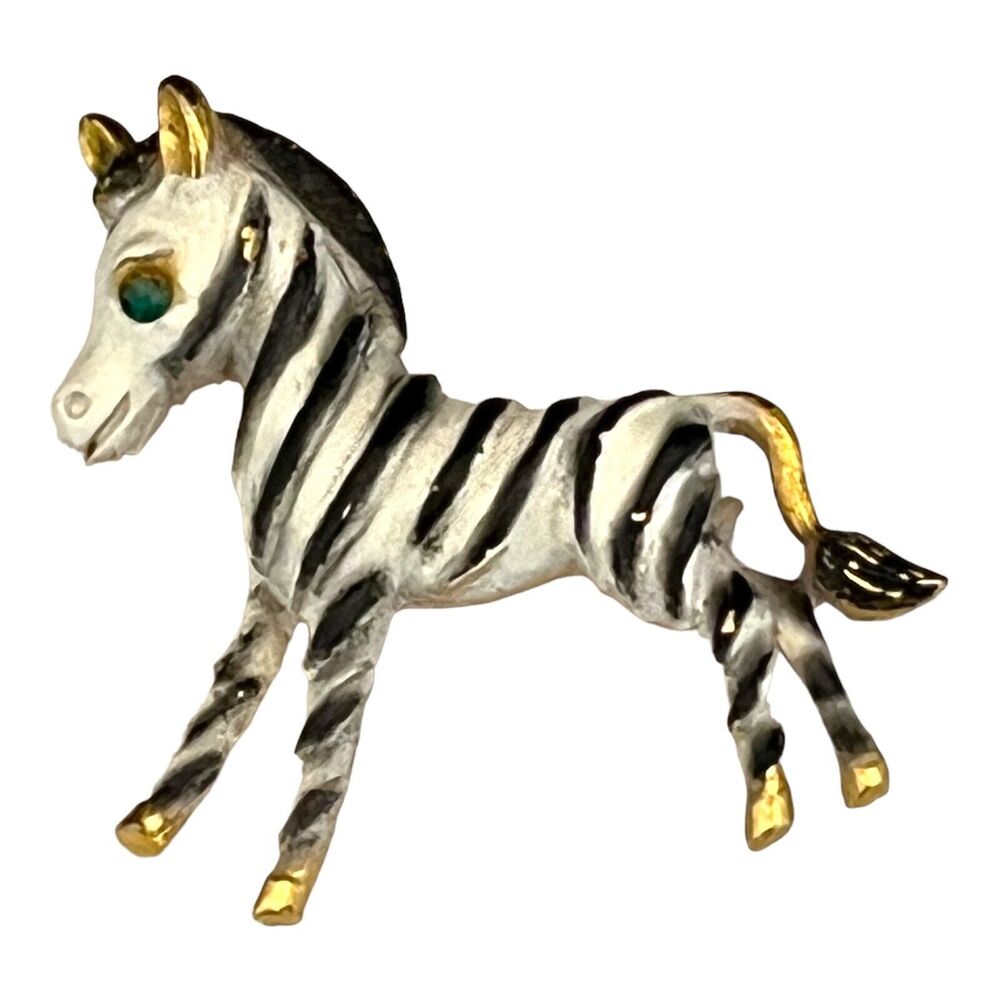 Vintage 1960s Mamselle Zebra Brooch Green Crystal Eye Gold Tone Pin - 8U